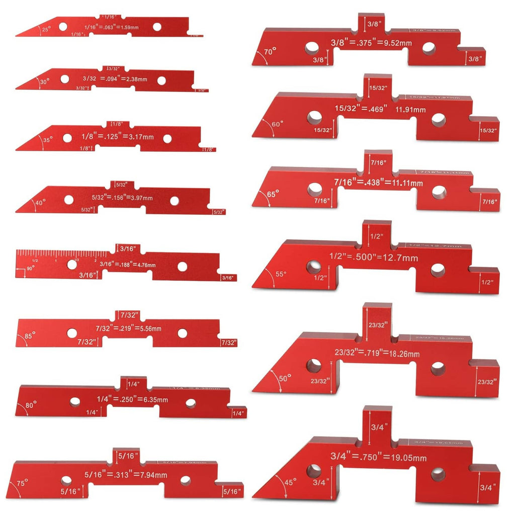 Red aluminum setup blocks laid out as multiple sizes, each with measurement marks