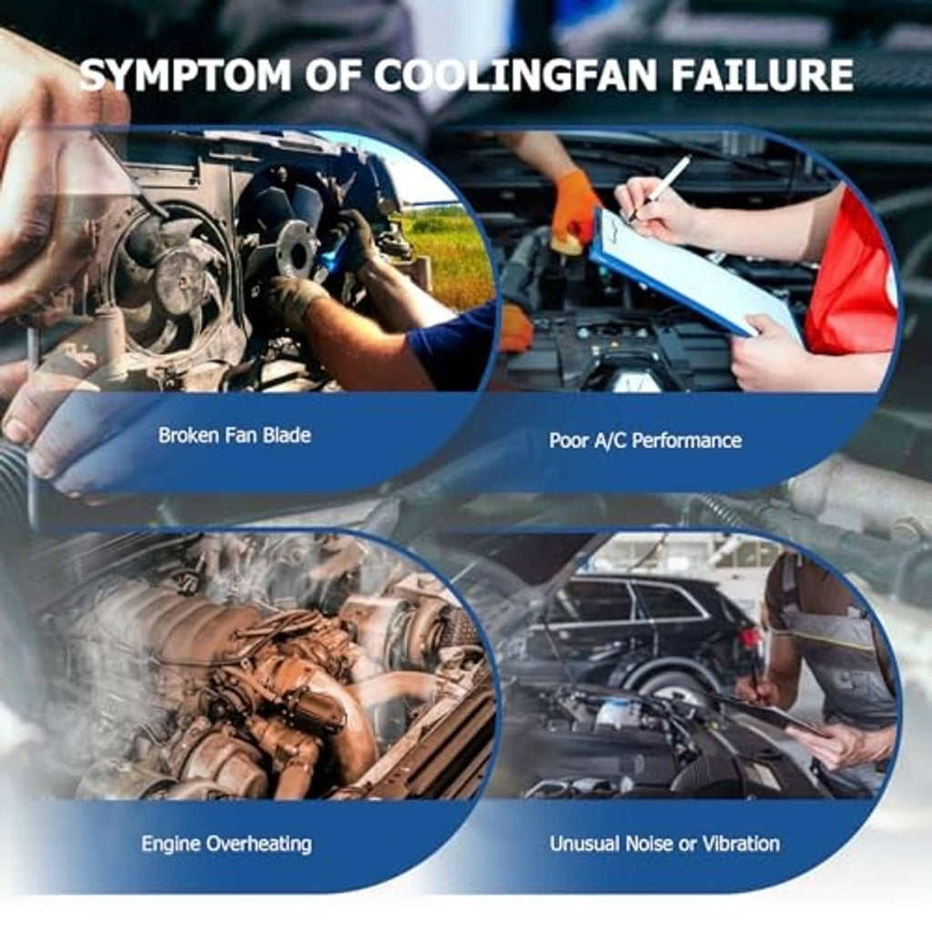 Radiator cooling fan failure symptom chart with engine bay and under-hood service scenes