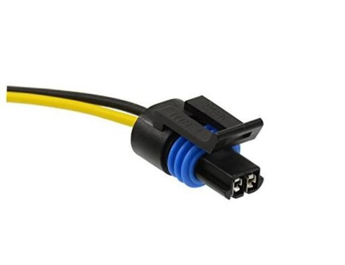 Wire pigtail connector with black housing, blue seal, two-pin plug