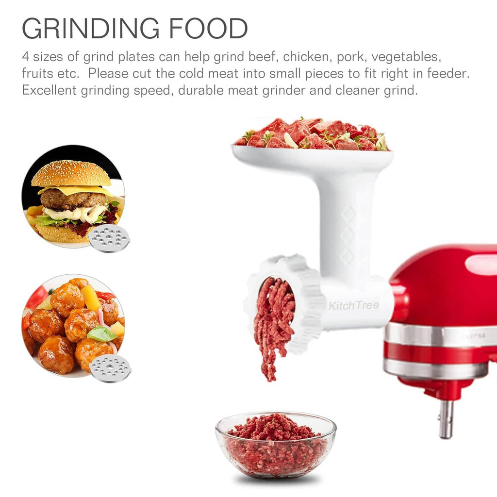 White strainer grinder attachment with funnel spout and filter disk, for food.