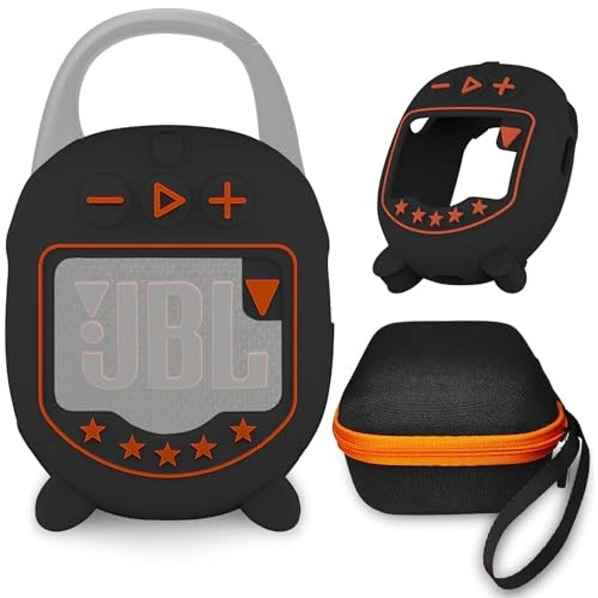 Black speaker carrying case set with orange accents, zipper pouch and cutout front window