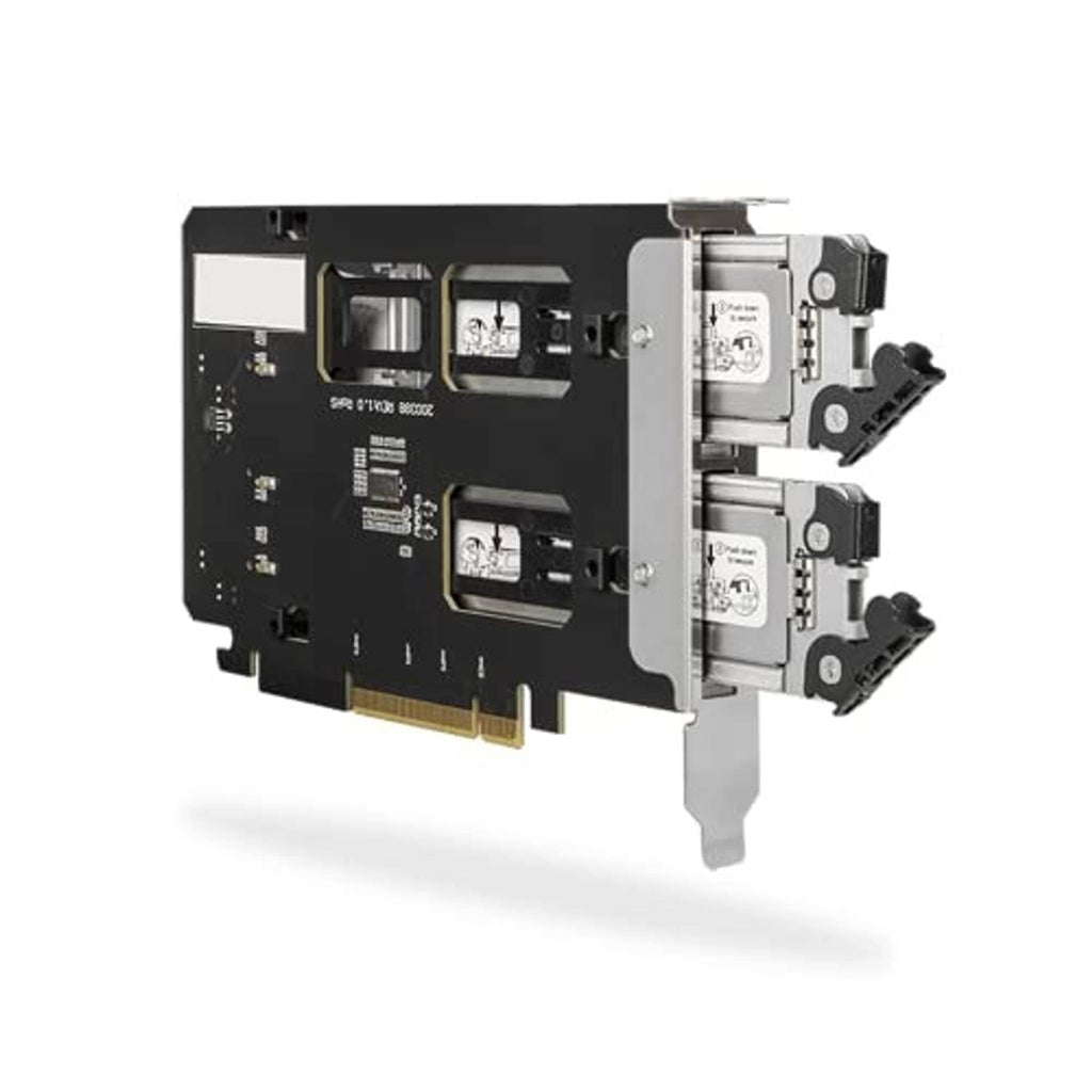 Dual M.2 NVMe to PCIe adapter card showing two drive bays and metal mounting bracket.