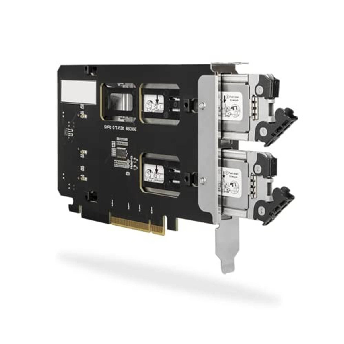 Dual M.2 NVMe to PCIe adapter card showing two drive bays and metal mounting bracket.