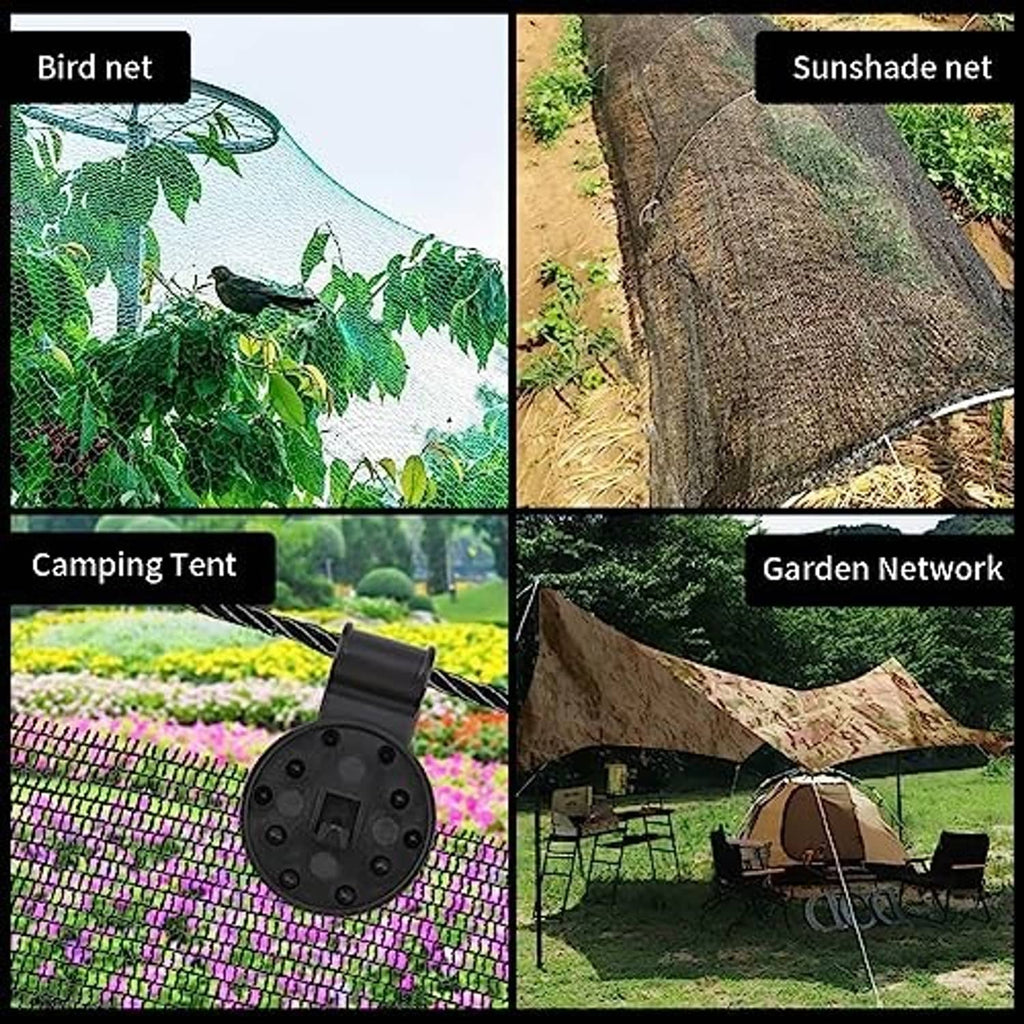 Black shade cloth clips attached to outdoor netting, single clip in front