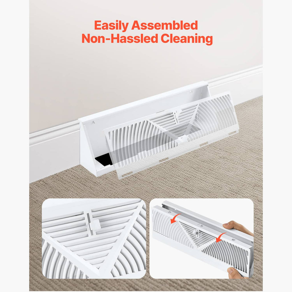 White floor vent register with slatted grille and V-shaped center, shown for easy cleaning.