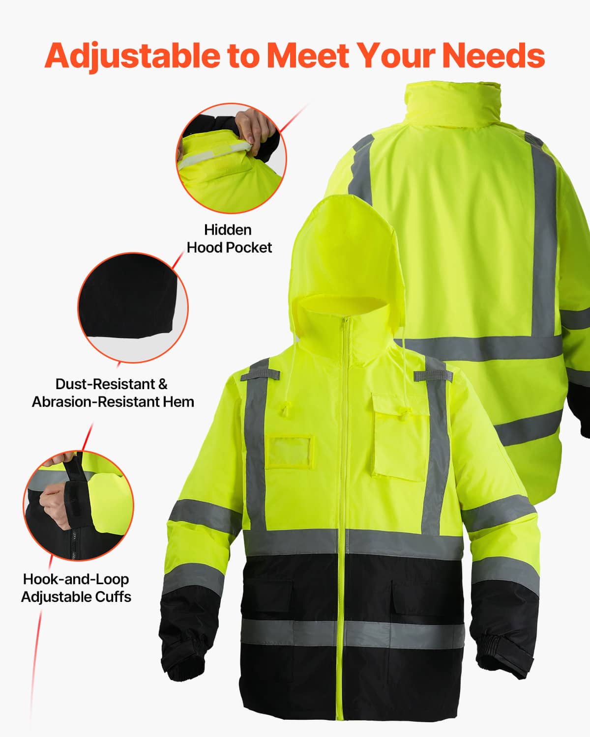 Adjustable hi-vis reflective safety jacket with hood, bright yellow body and black cuffs