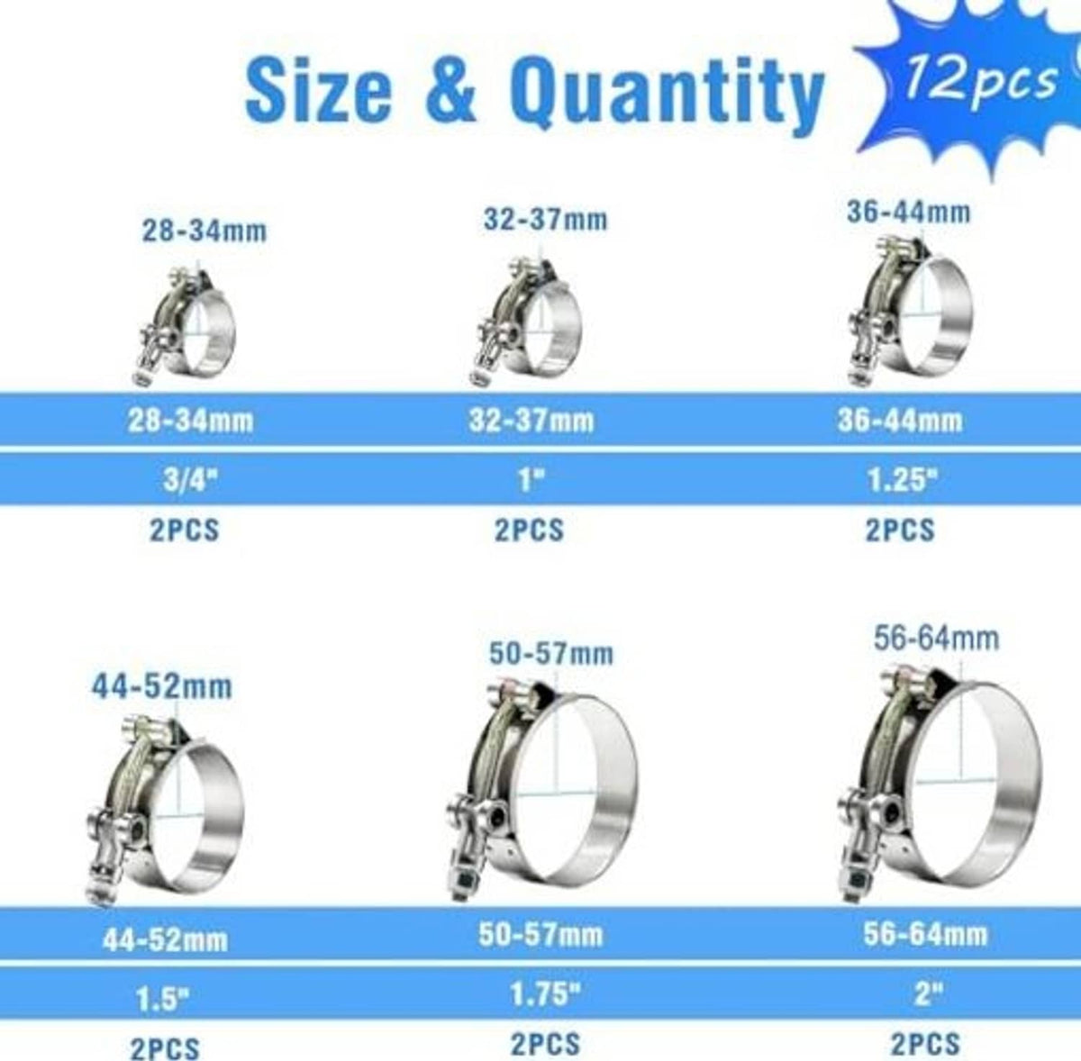 T-bolt hose clamp size chart with 28-64 mm range and piece counts by size