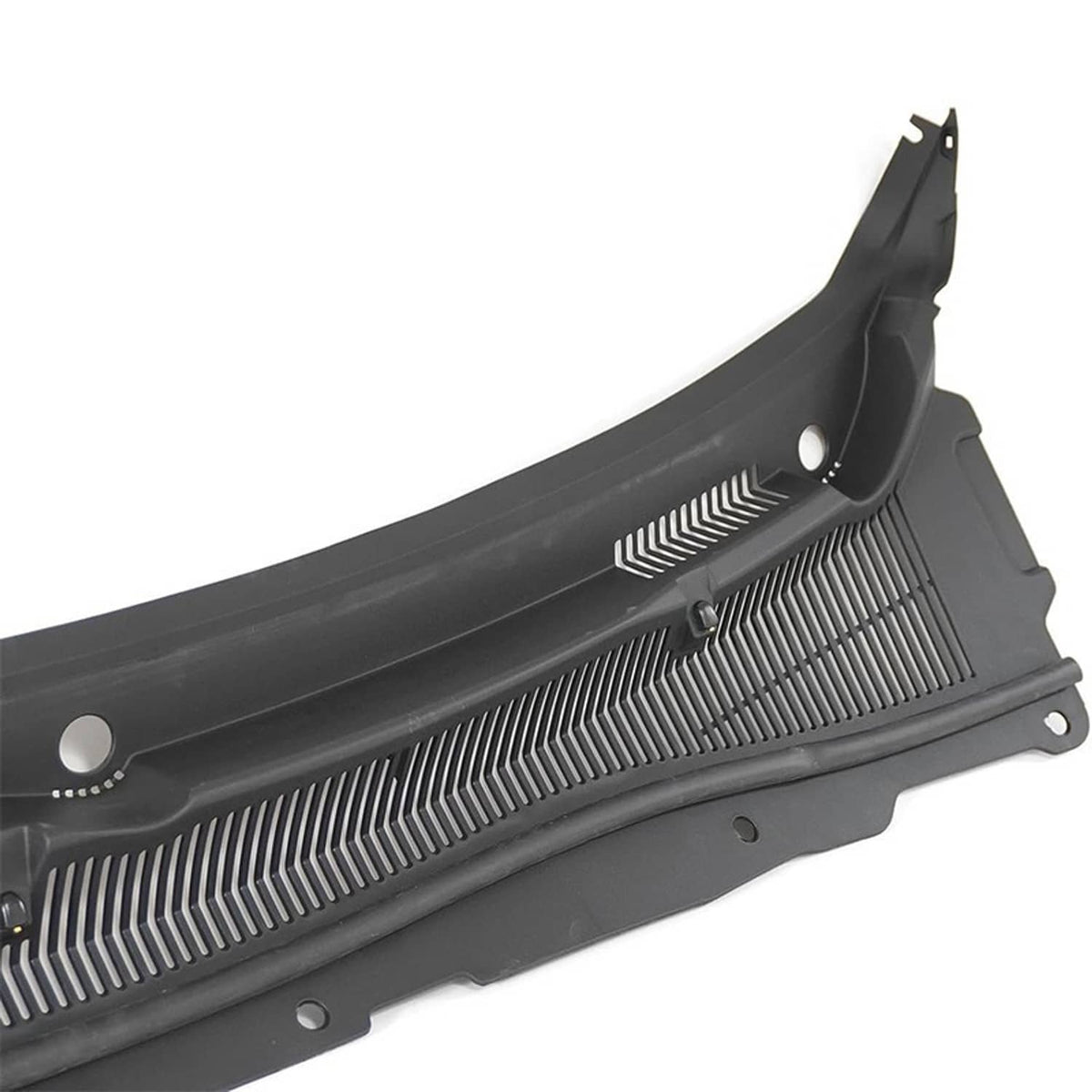 Close-up of black windshield wiper cowl cover vent grille with slatted fins and mounting holes
