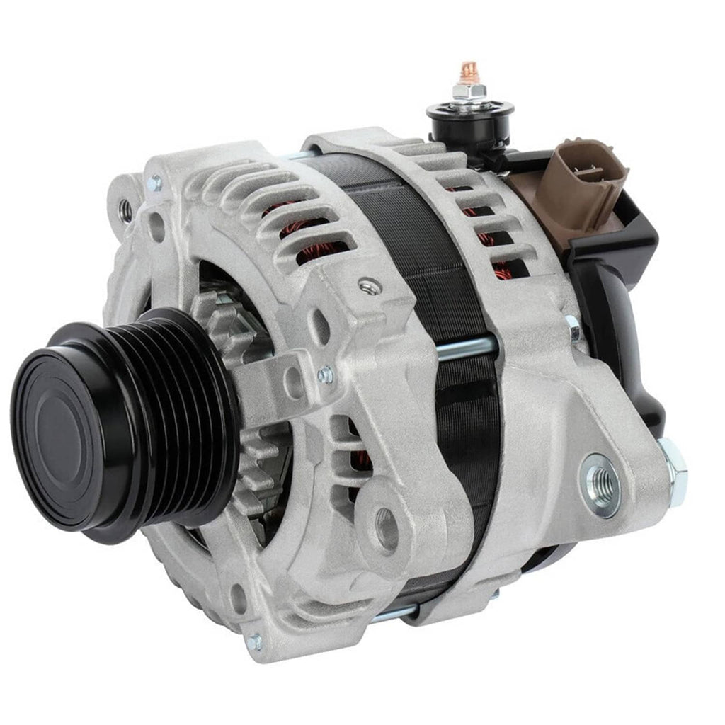 Automotive alternator with ribbed pulley, black belt drive, and brown electrical connector