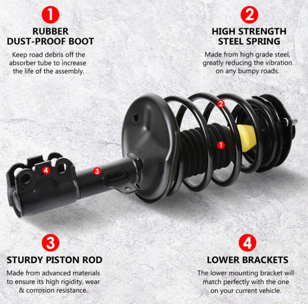 Shock strut assembly parts with black dust boot, coil spring, piston rod, and lower brackets