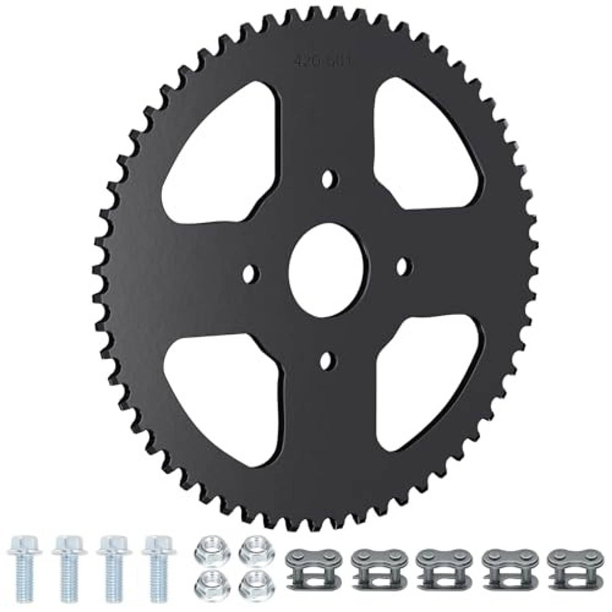 Black 60-tooth 420 sprocket with hardware for mini bike