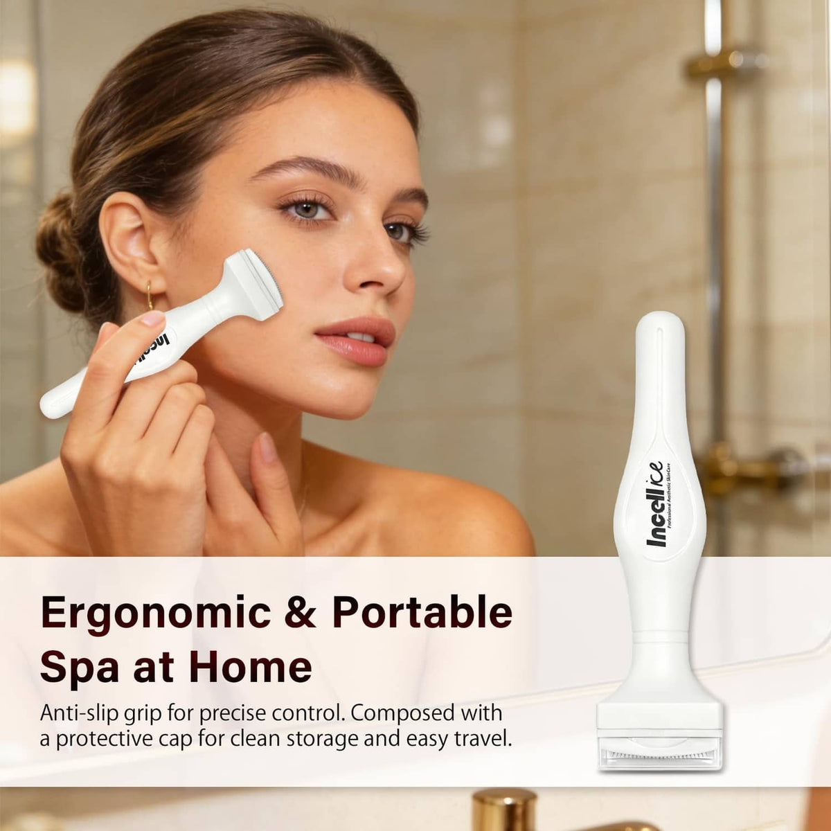 Face microneedle stamp with protective cap, held by hand for home skincare