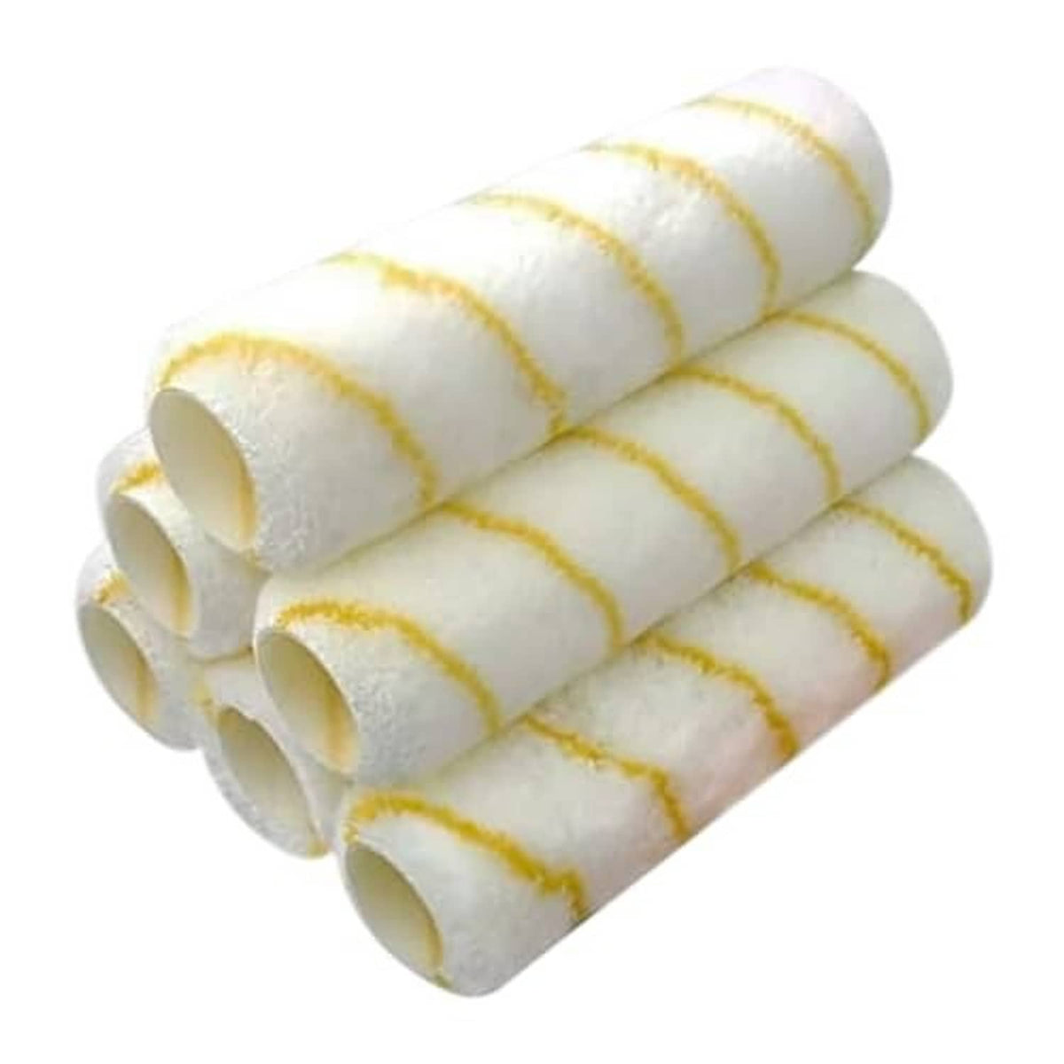 Microfiber paint roller covers, 6-pack, white with yellow stripes, rolled sleeves