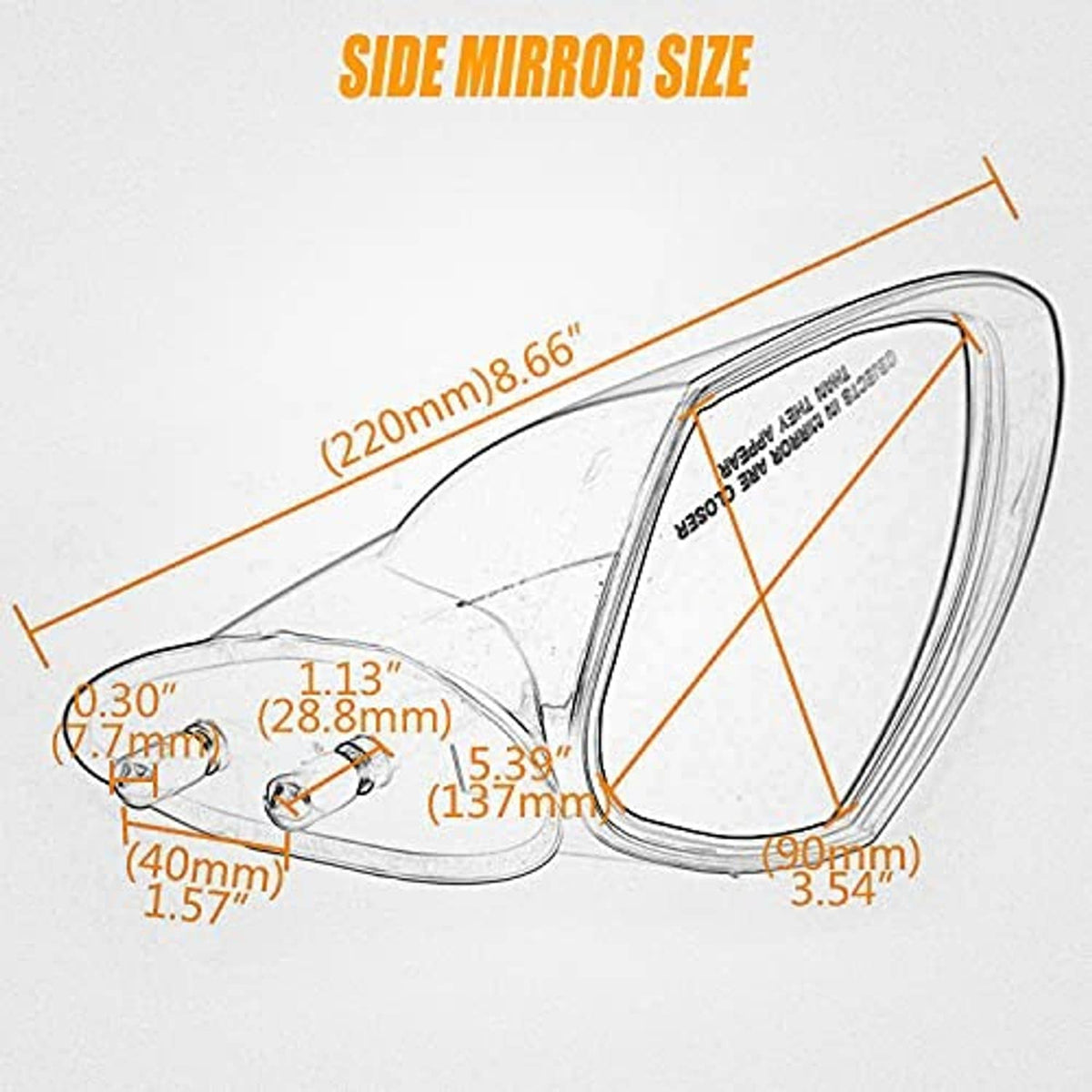 Side mirror size illustration with oval housing and mounting points, with measurements