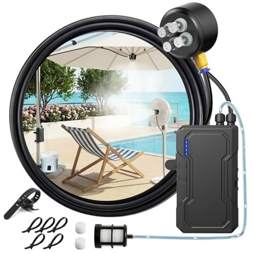 Portable outdoor misting kit with black pump, coiled hose, and four mist nozzle adapters