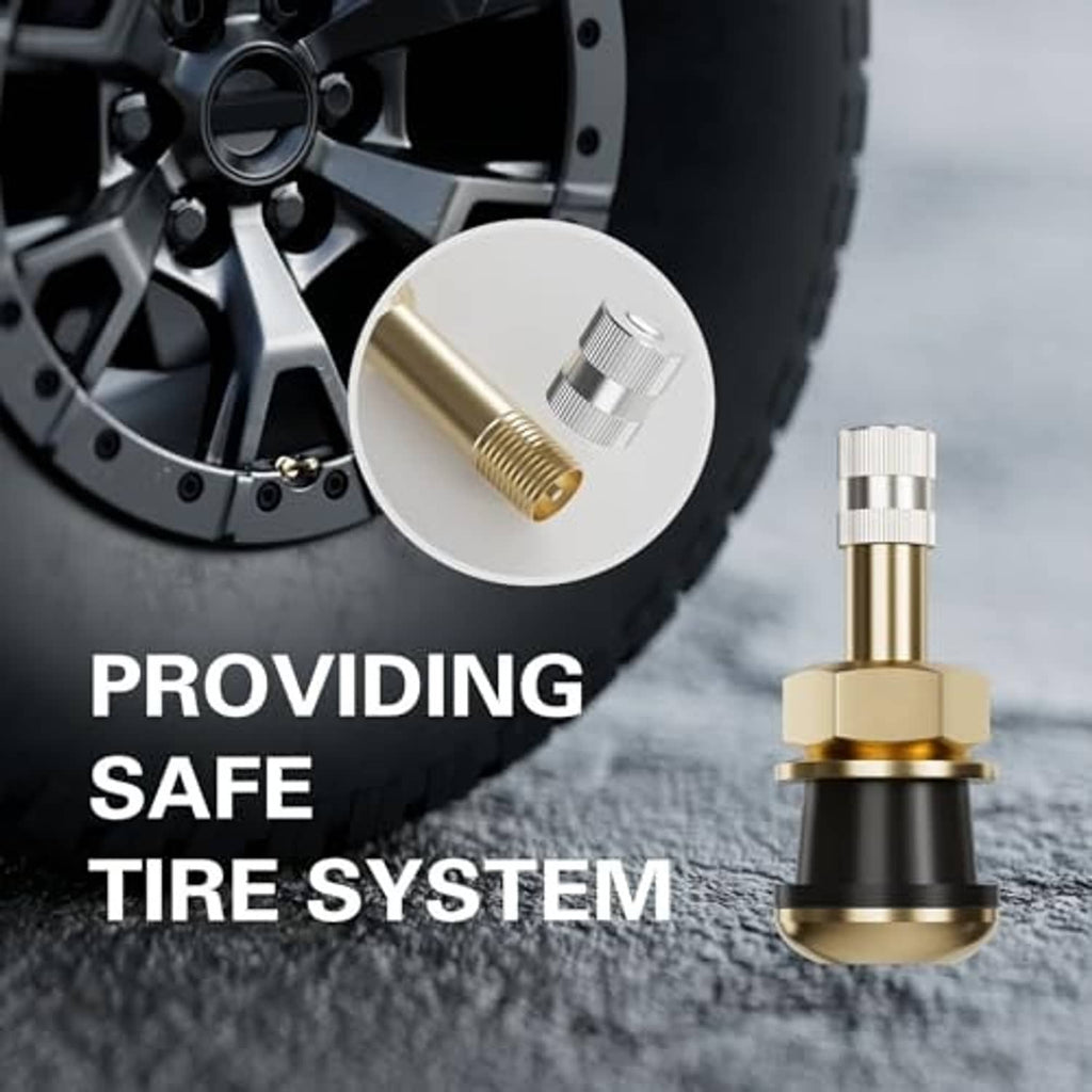 Brass clamp-in tire valve stem beside an alloy wheel rim hole