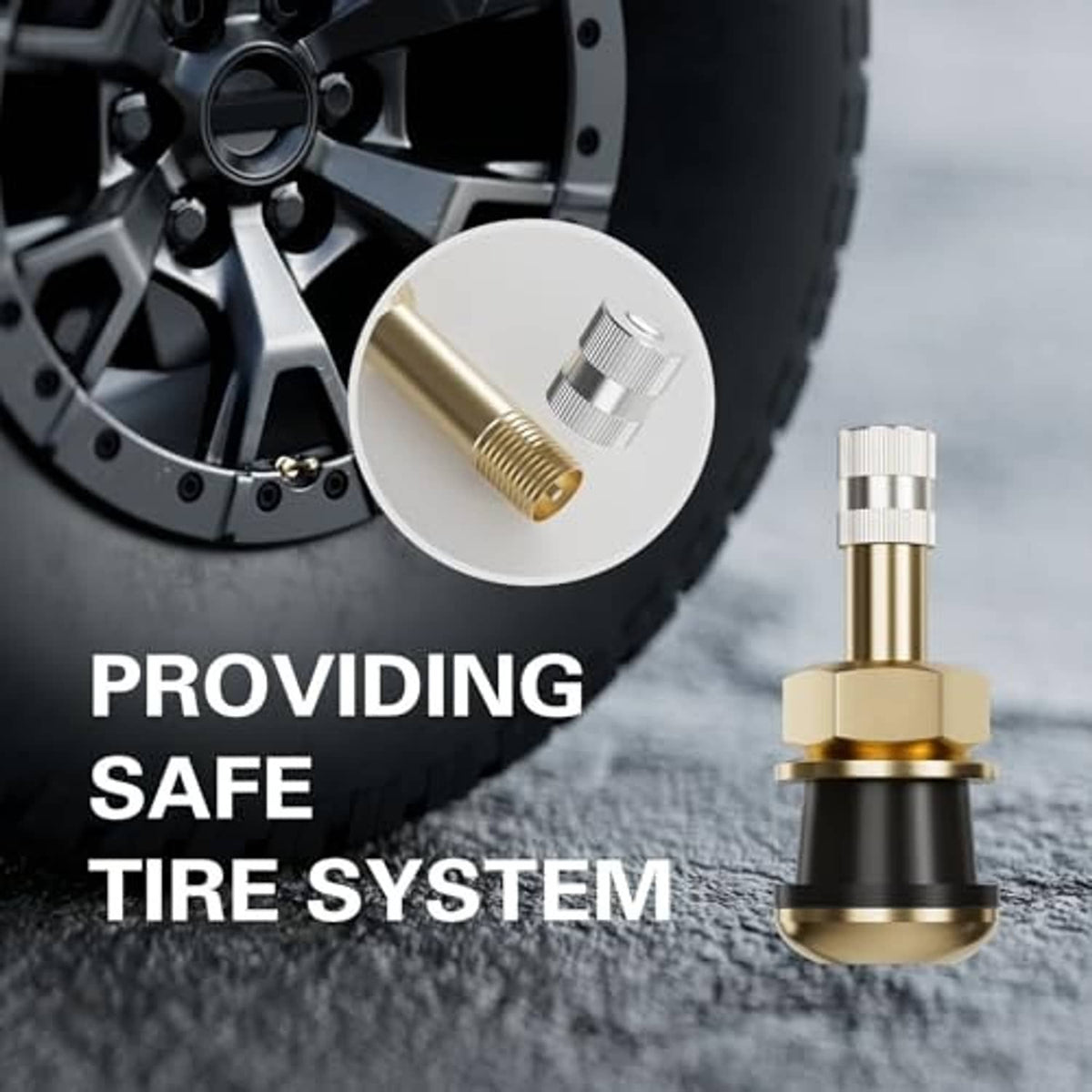 Brass clamp-in tire valve stem beside an alloy wheel rim hole