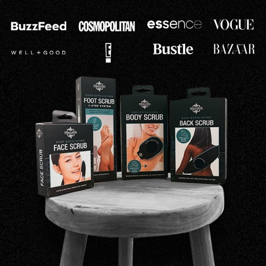 Assorted scrub product boxes on display