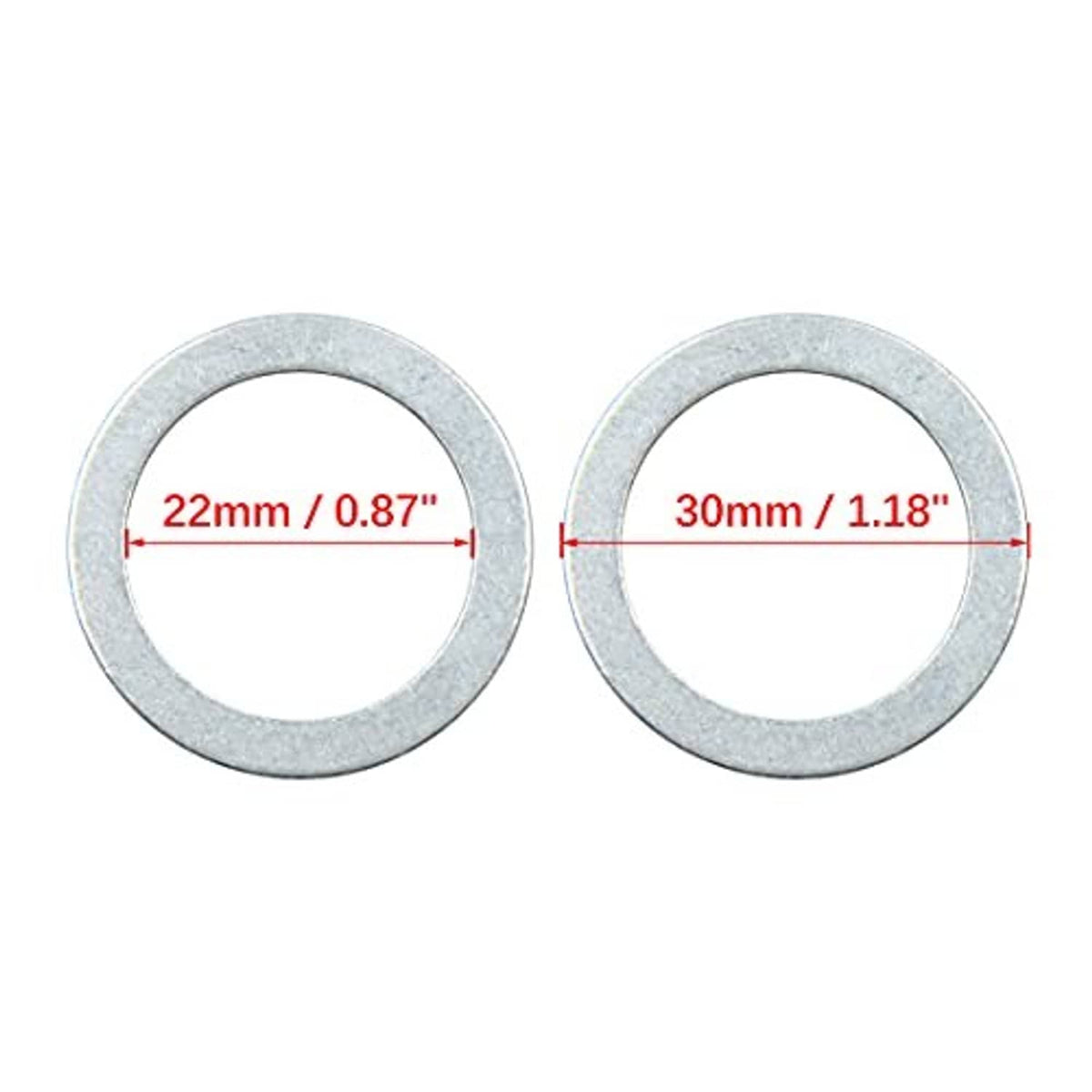 Crush washer with inner 22mm and outer 30mm measurements, light gray metal ring