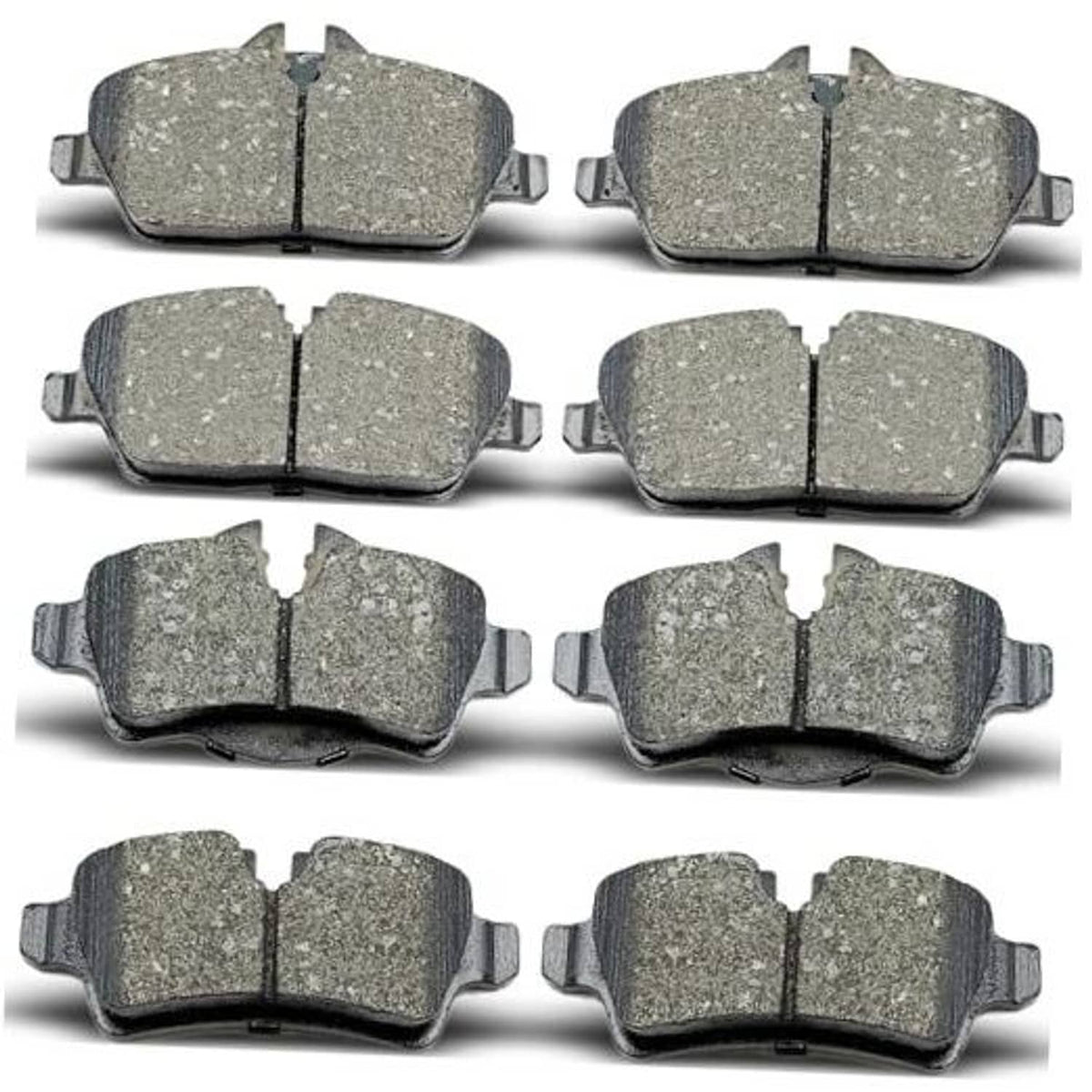 Ceramic brake pads set, multiple grey friction pads with metal backing tabs