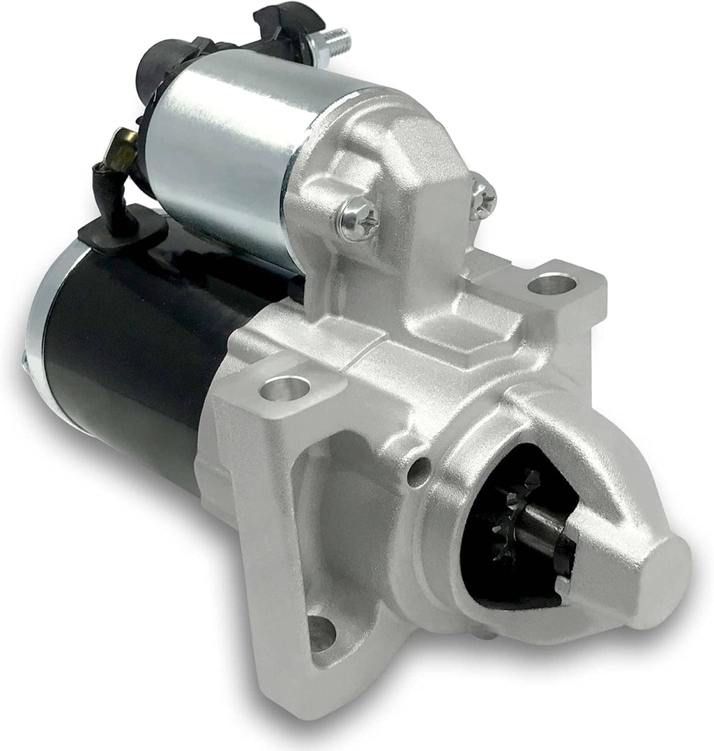 Automotive starter motor with silver housing, black cylinder, and mounting bracket