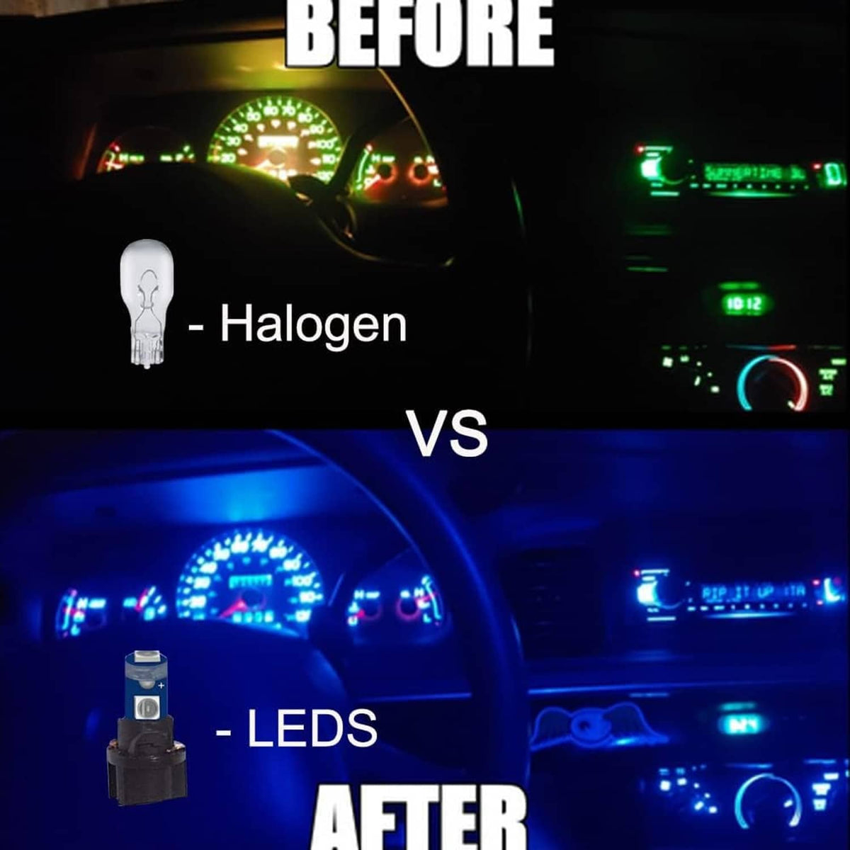Blue-lit wedge LED bulbs for vehicle dash lighting.