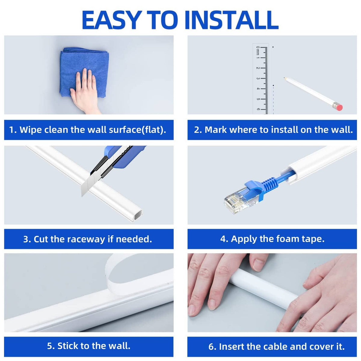 White cord hider installation steps showing measuring, cutting, and inserting a cable