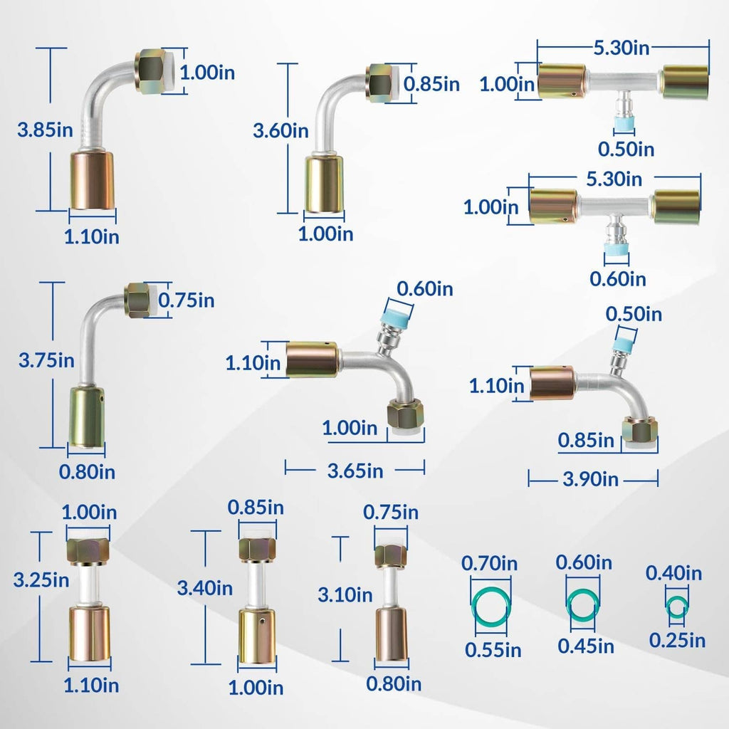 A/C fitting kit dimensions chart with labeled metal hose connectors and sealing O-rings