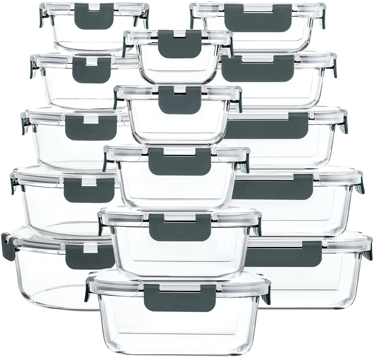 Stacked glass food storage containers with gray snap lids, set of 30