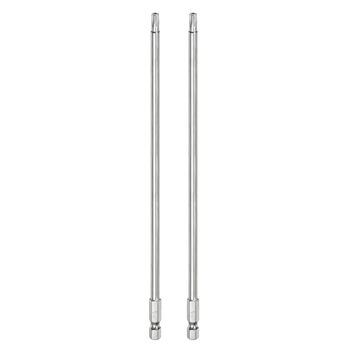 Two silver security Torx T25 screwdriver bits with 1/4-inch hex shanks