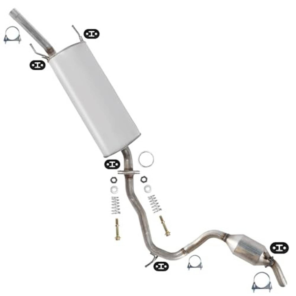 Complete exhaust kit with large silver muffler, curved pipes, and mounting brackets