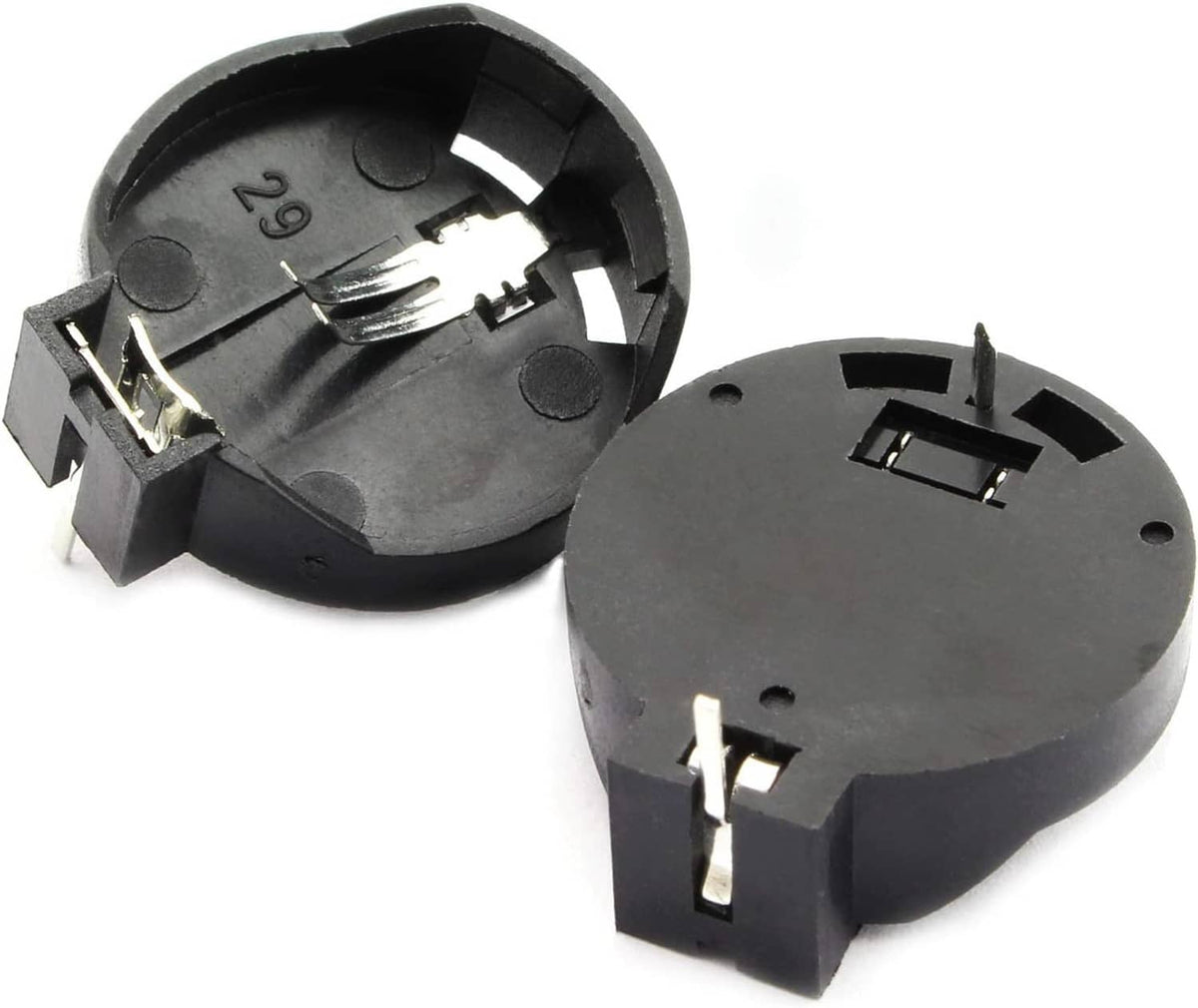 CR2032 2-pin DIP battery socket holders, black shells, exposed metal contacts