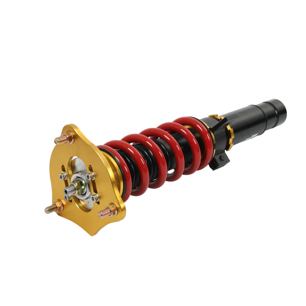 Coilover strut with red coil spring and gold mounting plate, black damper tube