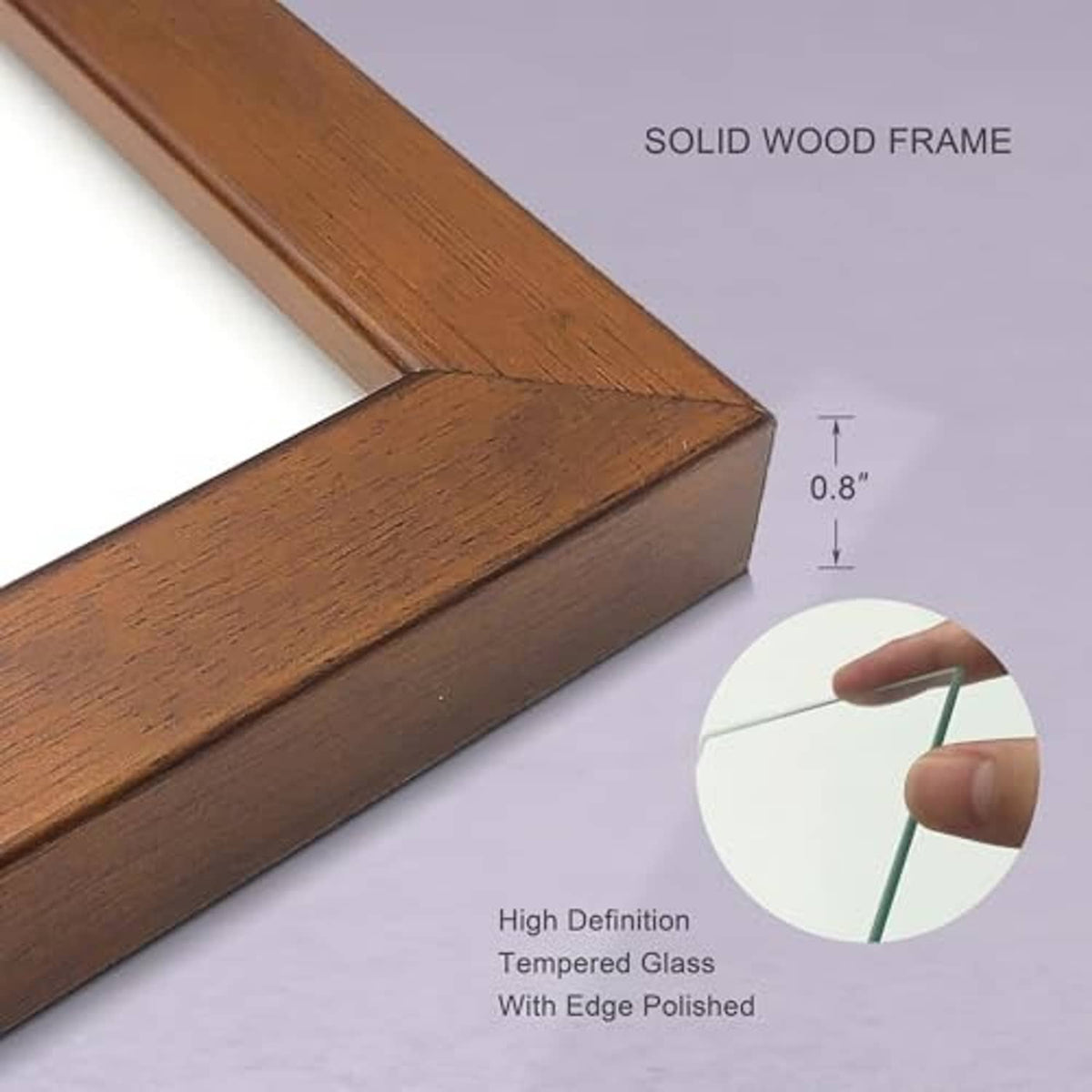 Close-up of brown solid-wood frame rail with polished edge and glass