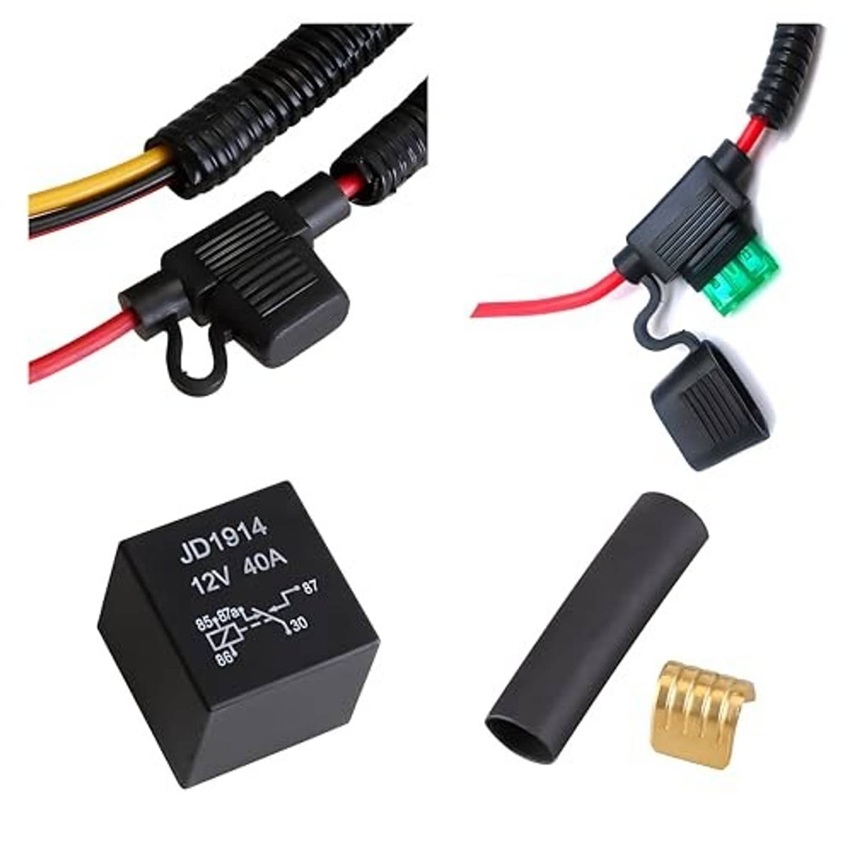 Fuel pump relay wiring kit with relay, terminal pins, and insulated wire connectors