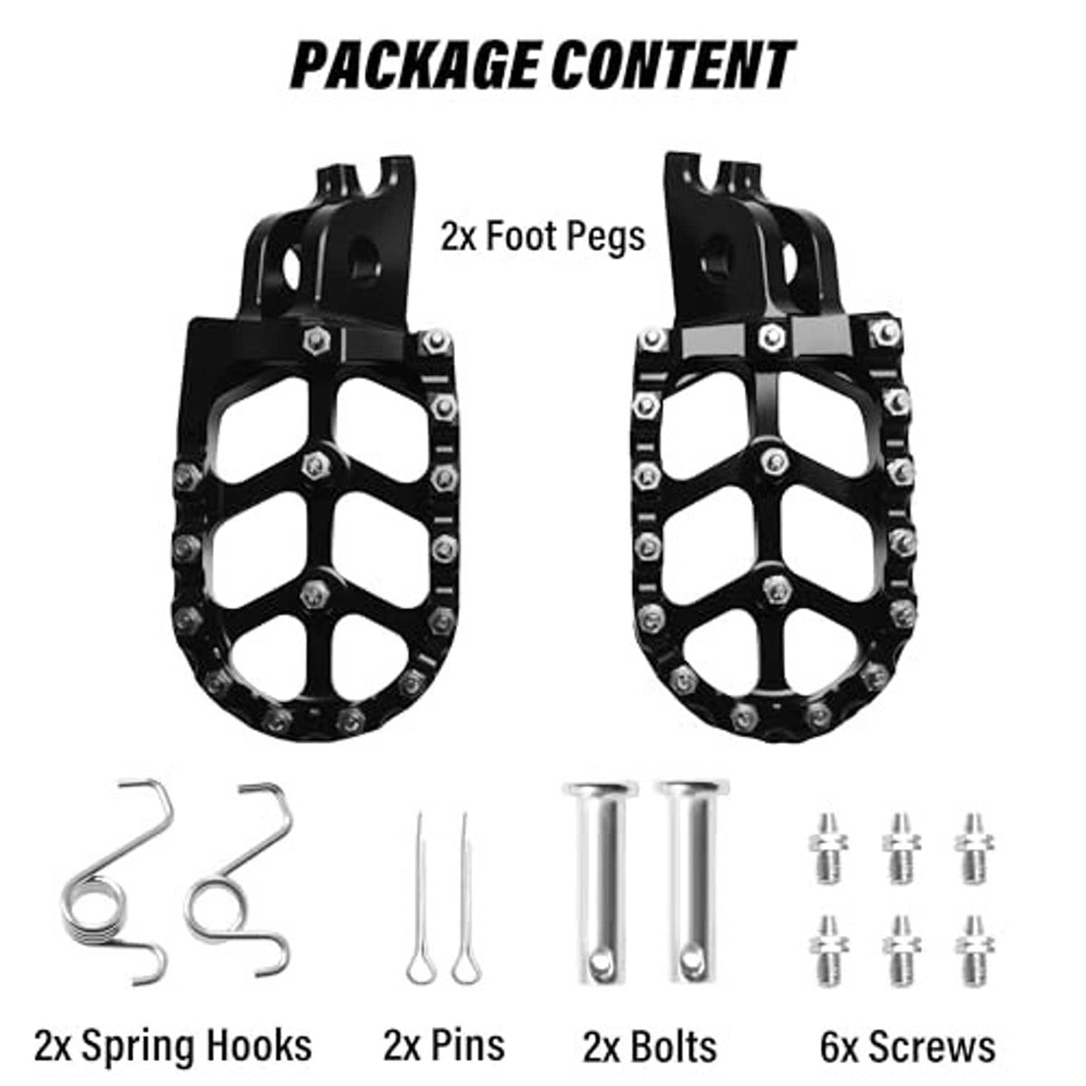 Package contents: two black wide foot pegs plus spring hooks, pins, bolts, and screws