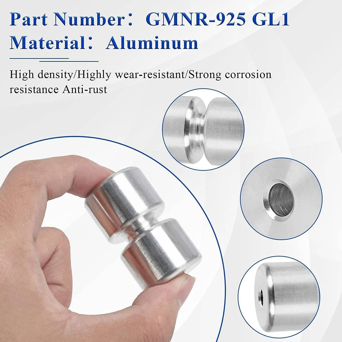 Aluminum roller pin set shown in hand with two cylindrical rollers and end details