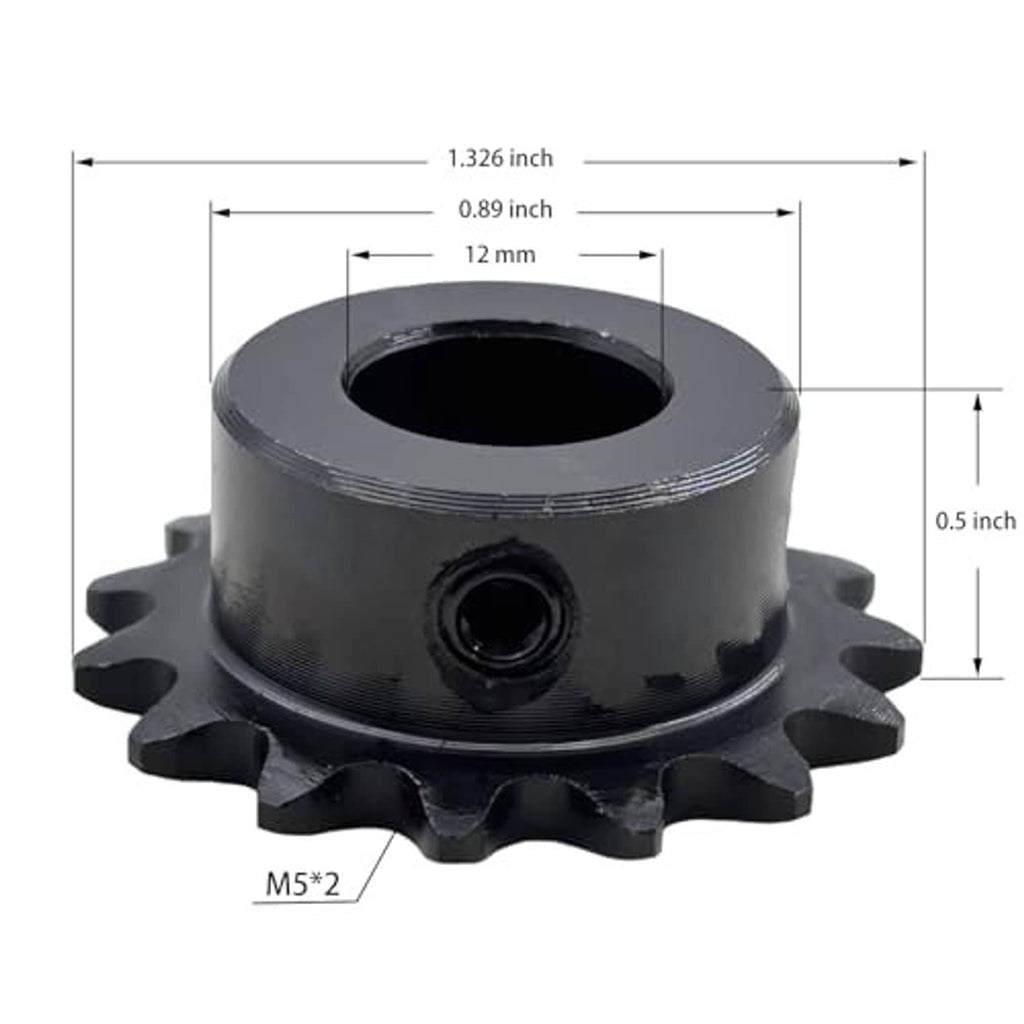 Black roller chain sprocket with central bore and M5*2 bolt holes, side view