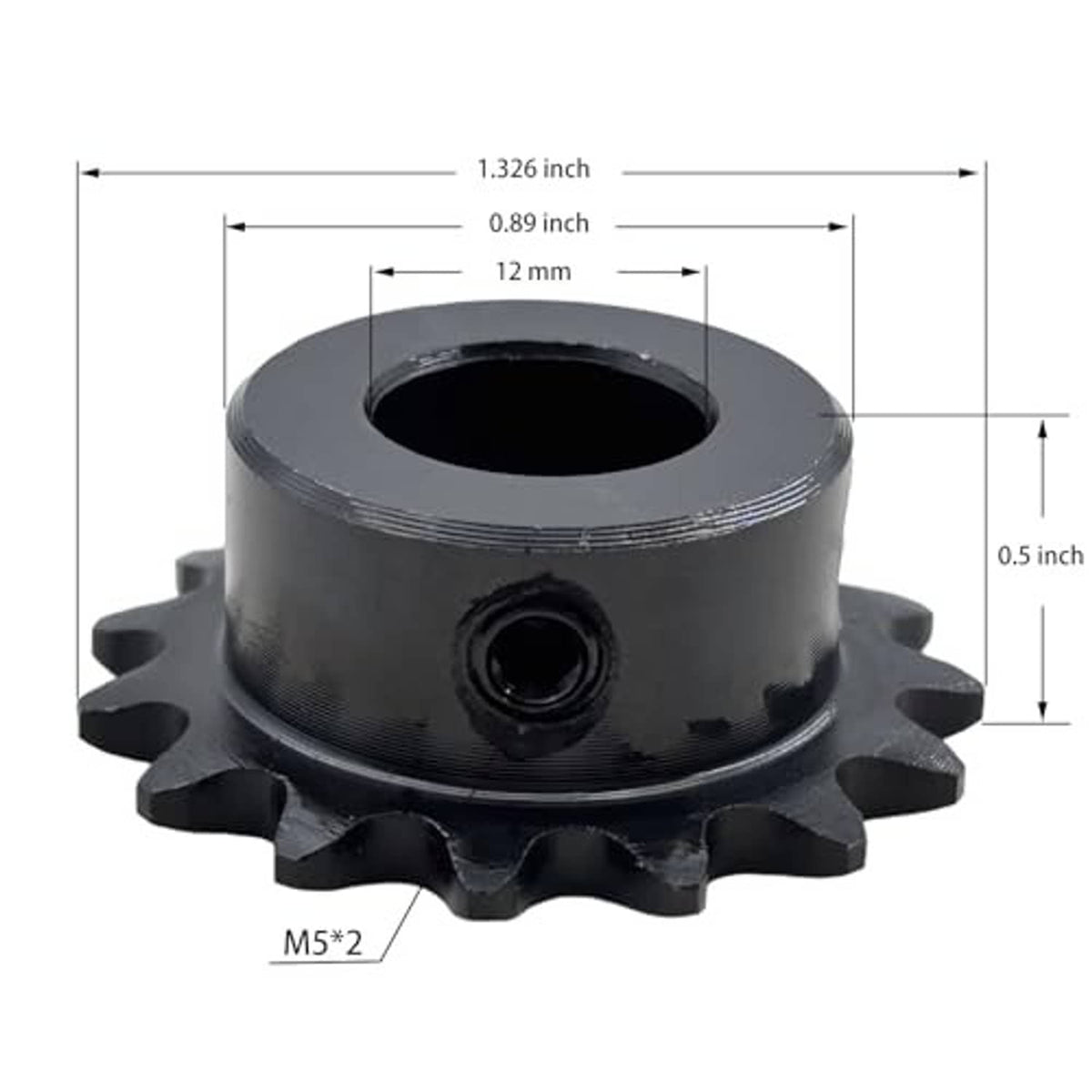 Black roller chain sprocket with central bore and M5*2 bolt holes, side view