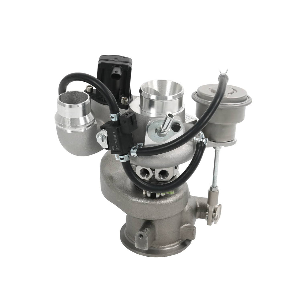 Turbocharger assembly with metal core, wiring connector, and circular inlet housings