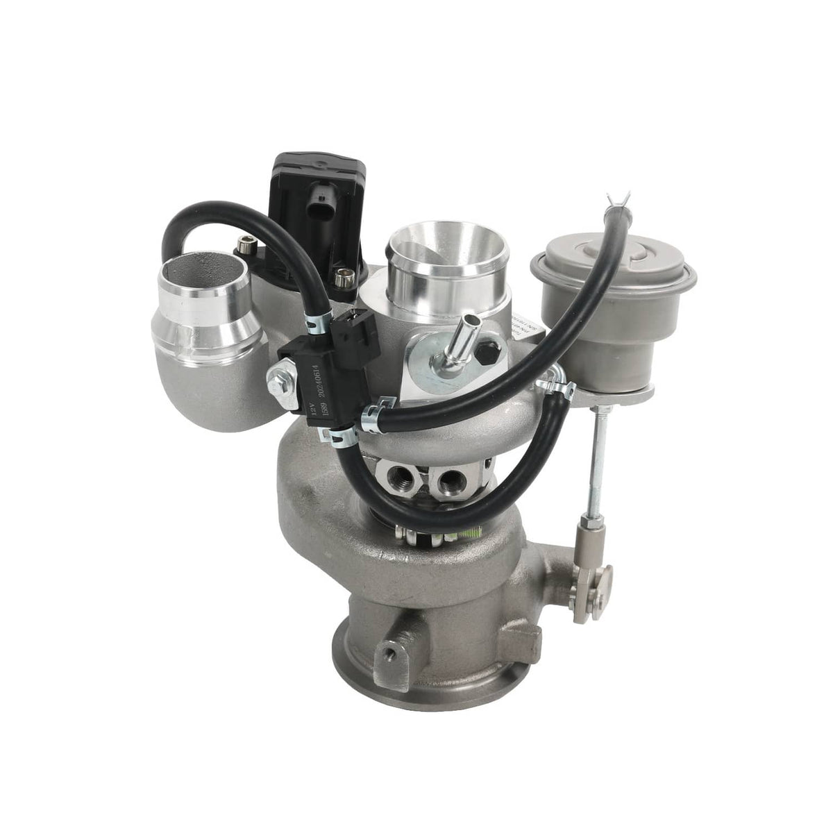Turbocharger assembly with metal core, wiring connector, and circular inlet housings