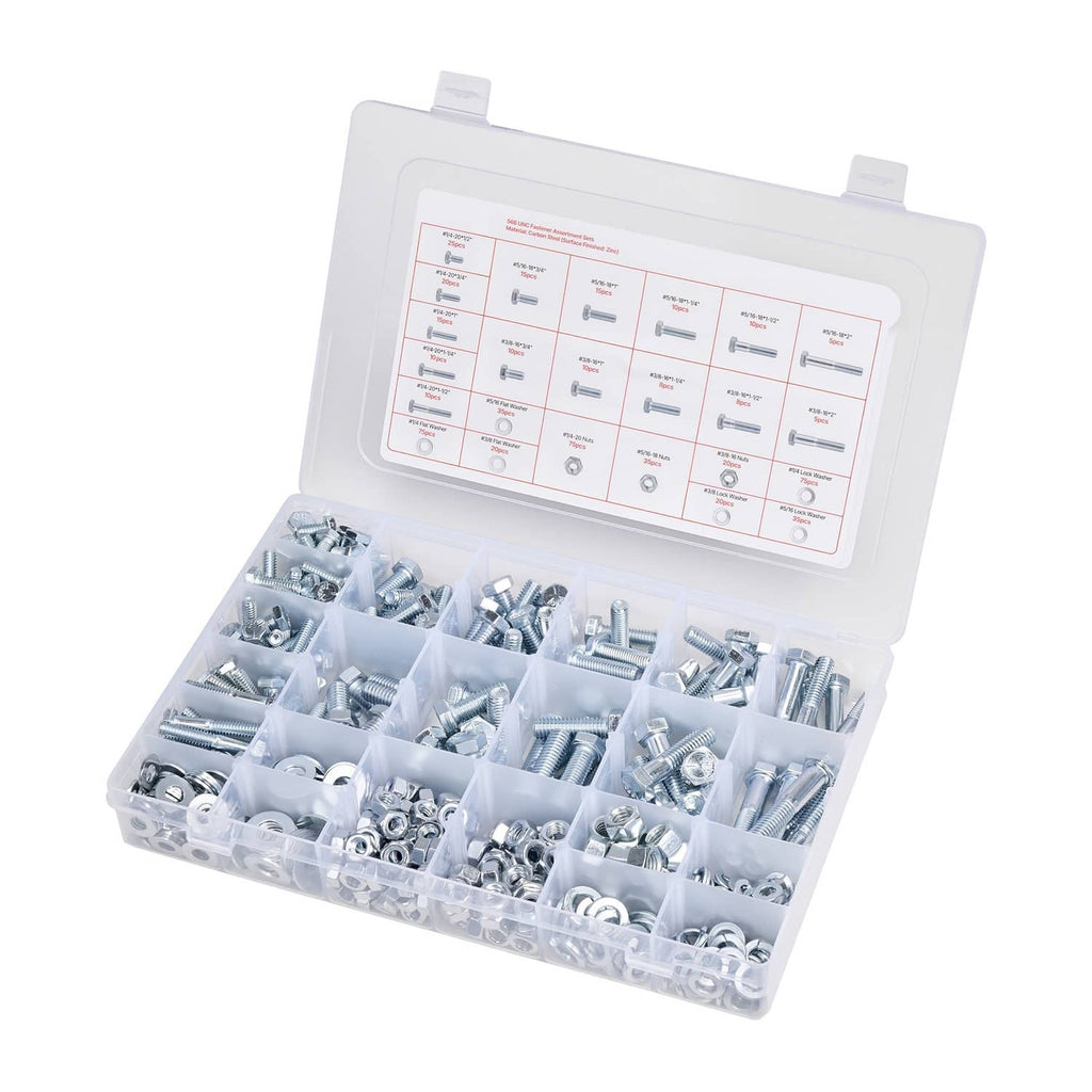 Open transparent case holding assorted silver bolts, nuts, and washers