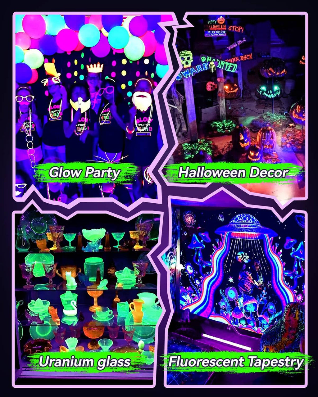 Black light bar effects for glow party and Halloween decor with neon-colored displays
