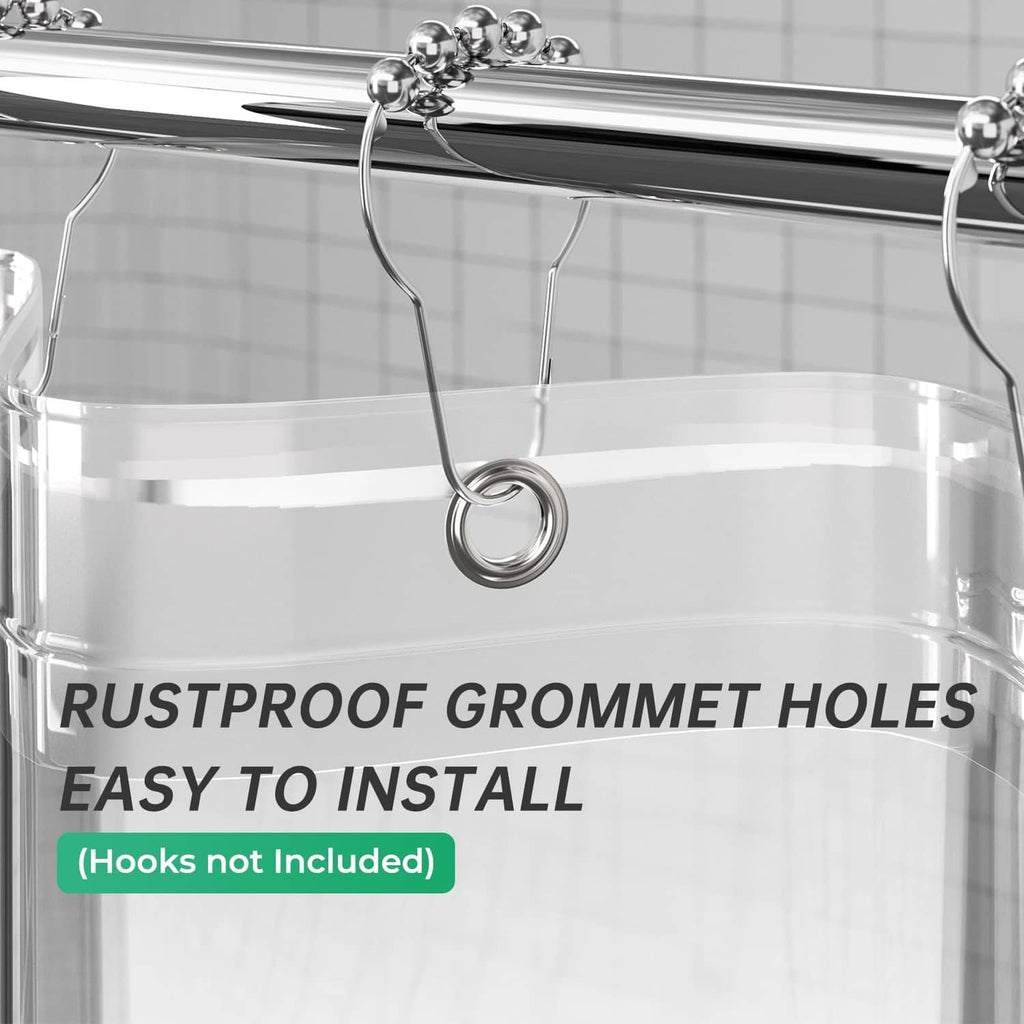 Clear shower curtain top with grommet holes and hanging rings