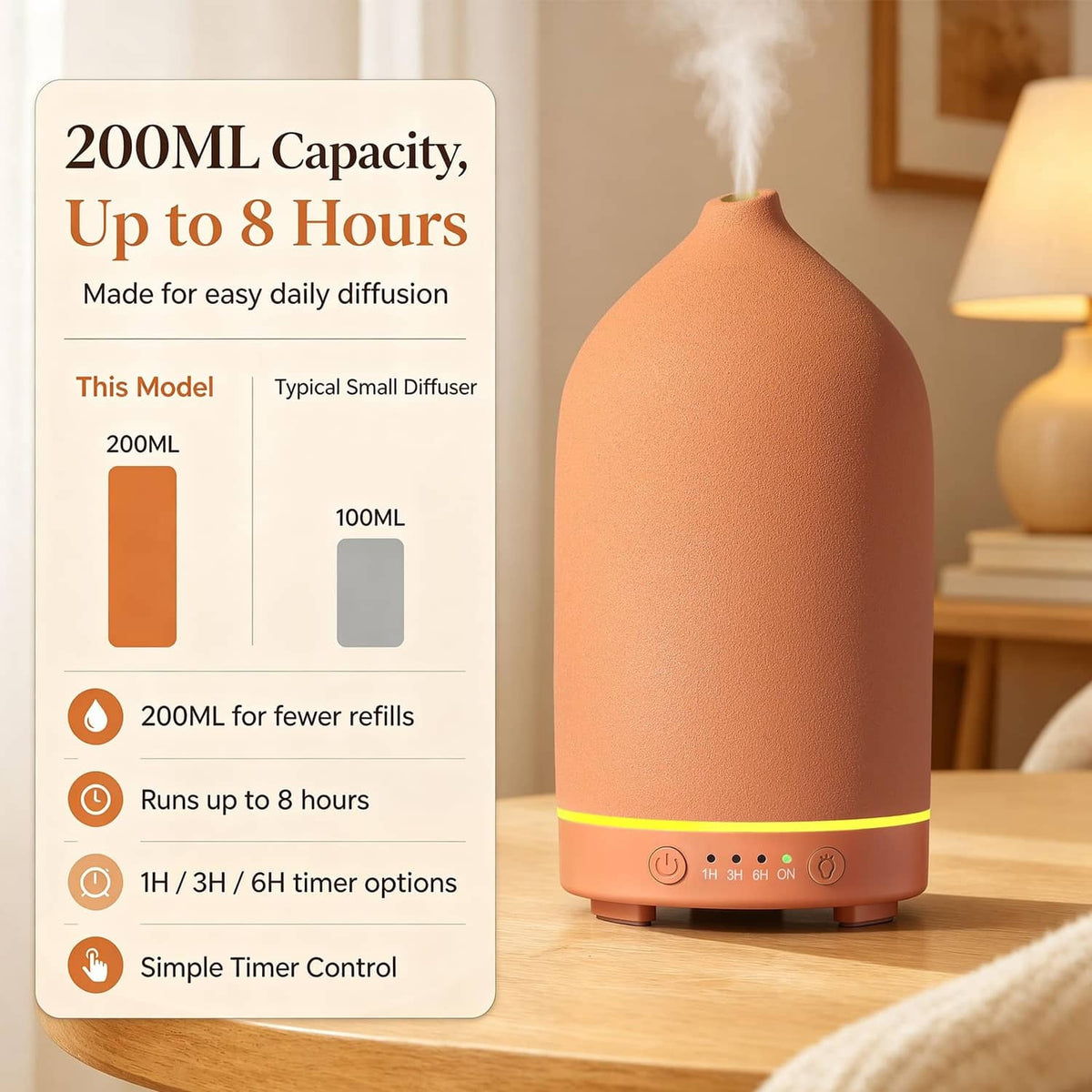 Gooamp ceramic essential oil diffuser, matte stone brown, mist rising from top nozzle