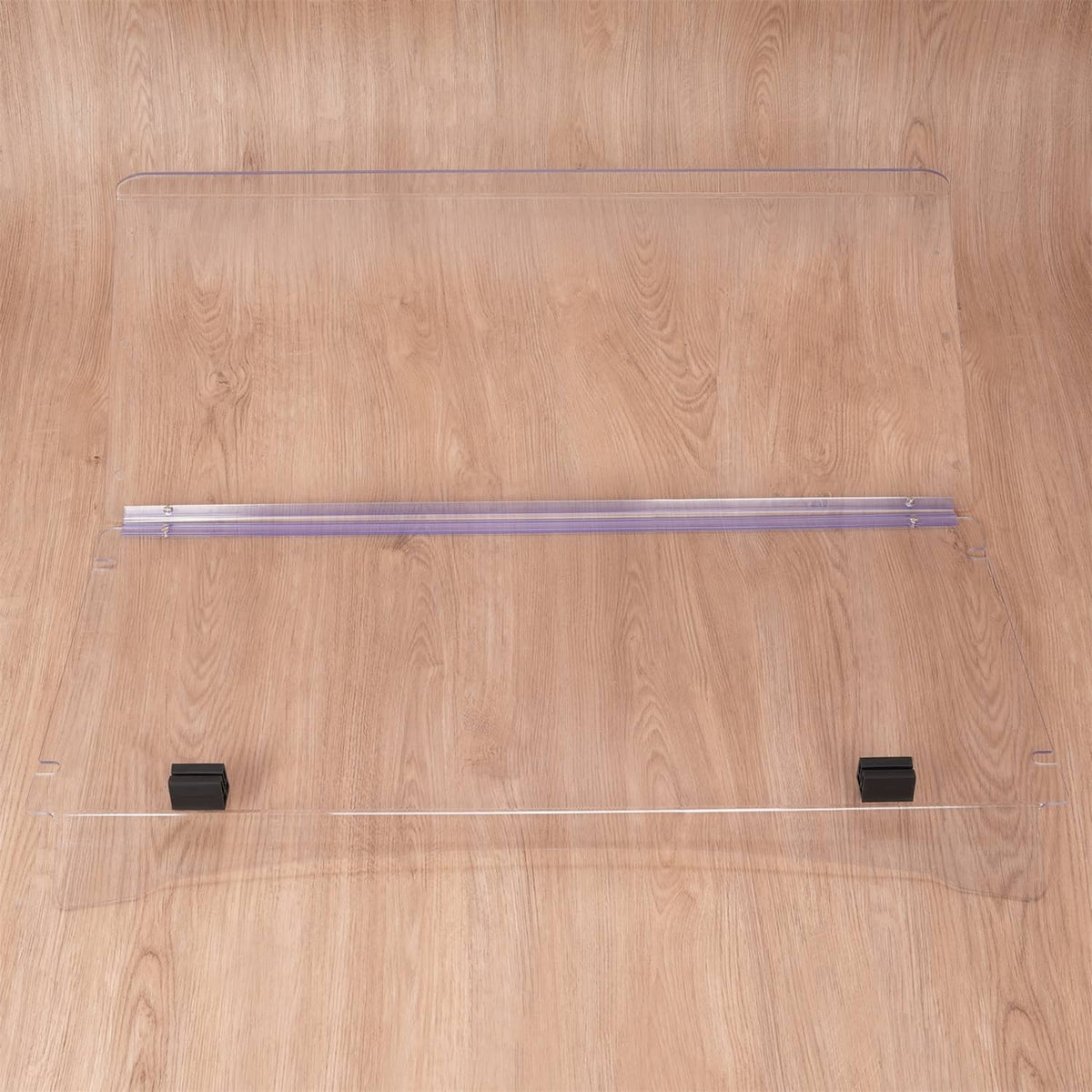 Clear windshield panel with purple frame and black mounting blocks at corners
