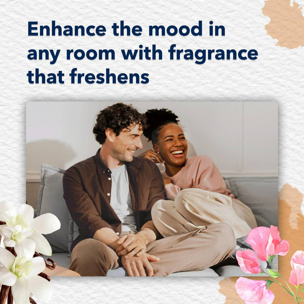 Air freshener fragrance promotion showing a couple relaxing on a sofa