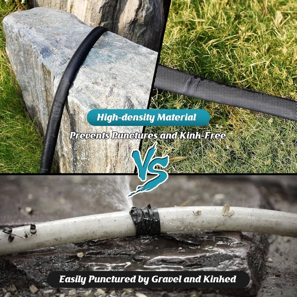 Black garden hose on grass with spray stream and puncture-resistant design
