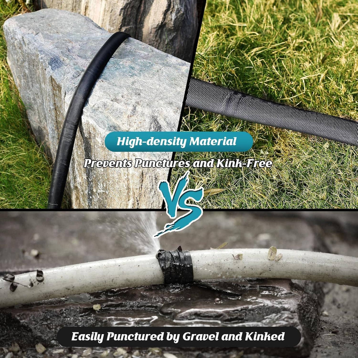 Black garden hose on grass with spray stream and puncture-resistant design