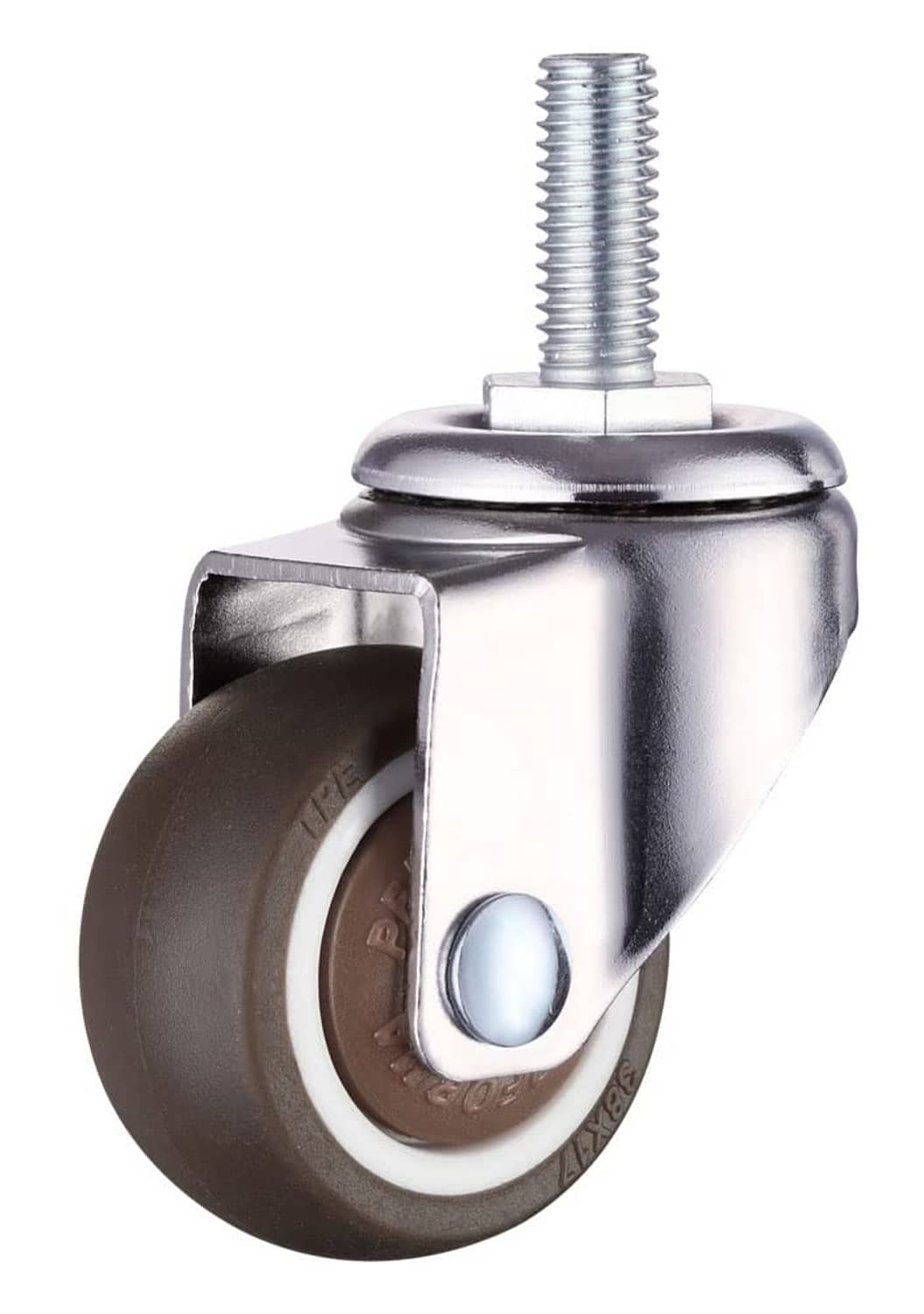 Swivel caster with chrome housing and dark rubber wheel on M8 threaded stem